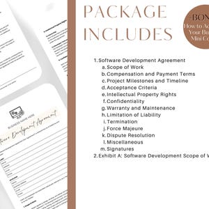 Op de afbeelding: Een digitaal productpakket bevat een softwareontwikkelingsovereenkomst met secties voor de omvang van het werk, de vergoeding, projectmijlpalen, acceptatiecriteria, intellectuele eigendomsrechten, vertrouwelijkheid, garantie, be&euml;indiging, geschillenbeslechting en handtekeningen. Het bevat ook een document met de scope van de softwareontwikkeling en een bonus-minicursus over het adverteren van uw bedrijf.