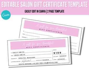 Editable Salon Gift Certificate Template, Hair Salon Template, Lash Studio Certificate, Massage Therapy Gift Card, Facial Spa Voucher