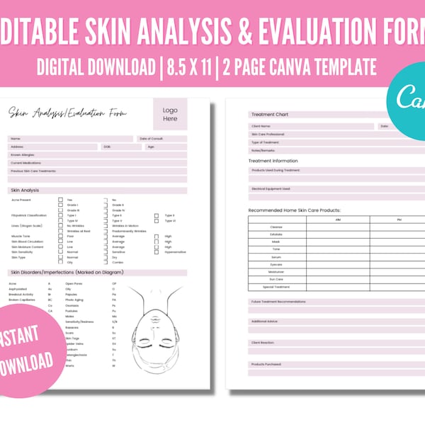 Editable Skin Care Analysis Form, Skin Consultation Form, Evaluation Form, Esthetician Business Forms