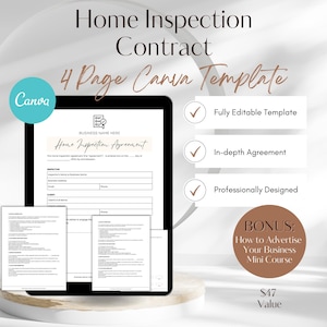 Puede incluir: Una maqueta digital de una plantilla de contrato de inspección de viviendas en la pantalla de un portátil. La plantilla está diseñada para su uso con Canva e incluye un espacio reservado para el nombre de la empresa, un acuerdo de inspección de viviendas y un minicurso adicional sobre cómo anunciar tu negocio. El texto en la pantalla dice "Contrato de inspección de viviendas" y "Plantilla de Canva de 4 páginas".