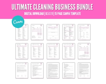 May include: A digital download Canva template for a cleaning business. The template includes 15 pages with a variety of forms, checklists, and service agreements. The template is designed to help cleaning businesses organize their operations and provide professional services to their clients.