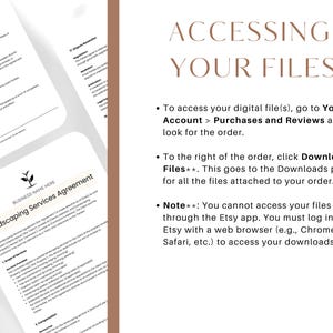 Op de afbeelding: Een wit document met de tekst "Landscaping Services Agreement" en een klein plantpictogram. De tekst "ACCESSING YOUR FILES" wordt weergegeven in een bruine doos met een witte omtrek. De tekst hieronder legt uit hoe je toegang krijgt tot digitale bestanden die je op Etsy hebt gekocht.