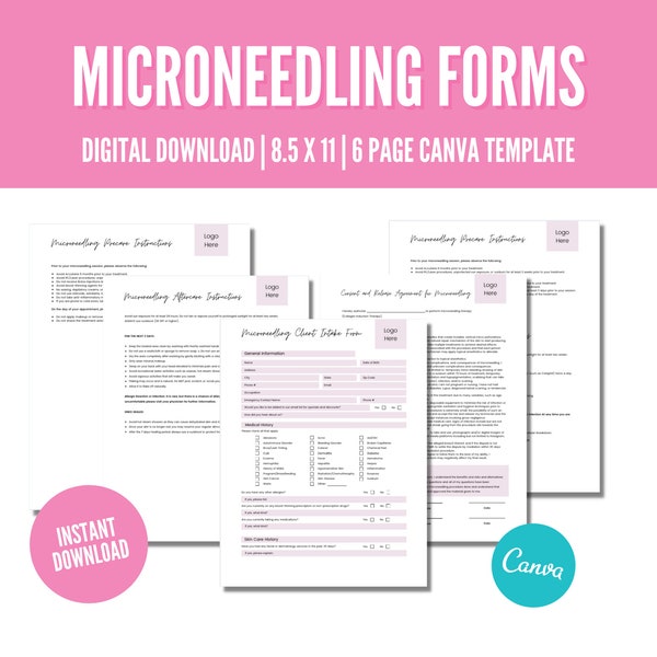Editable Microneedling intake form, Microneedling consent forms, esthetician intake forms