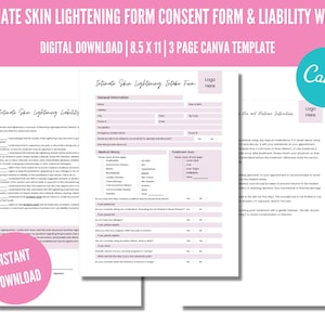 Puede incluir: Una descarga digital imprimible de un formulario de consentimiento y exención de responsabilidad de tres páginas para tratamientos de aclaramiento de la piel íntima. El formulario incluye secciones para información general, historial médico, área de tratamiento e instrucciones para el cliente. El formulario está diseñado en un esquema de color rosa y blanco con el texto "Intimate Skin Lightening Intake Form" y "Intimate Skin Lightening Liability" en la parte superior de cada página.