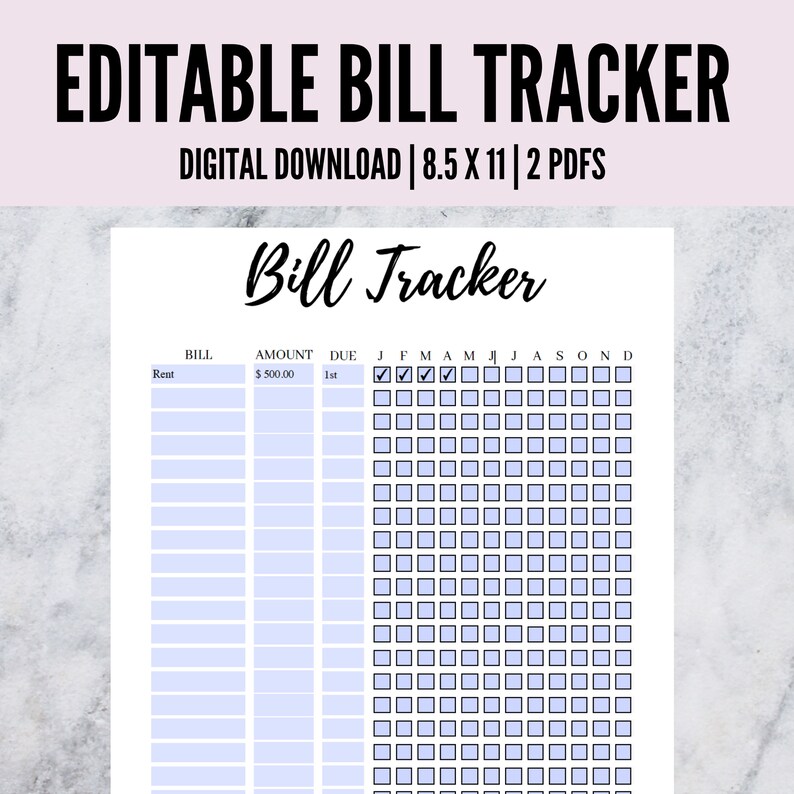 Yearly Bill Tracker Editable Printable Etsy