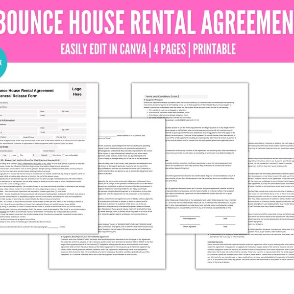 Editable Bounce House Rental Agreement and General Liability Waiver, Inflatables Rental Agreement