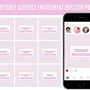 May include: A pink and white graphic with 50 editable audience engagement question posts for social media. The graphic features a phone screen with a question post that reads "What is your favorite physical feature?" and a comment button.