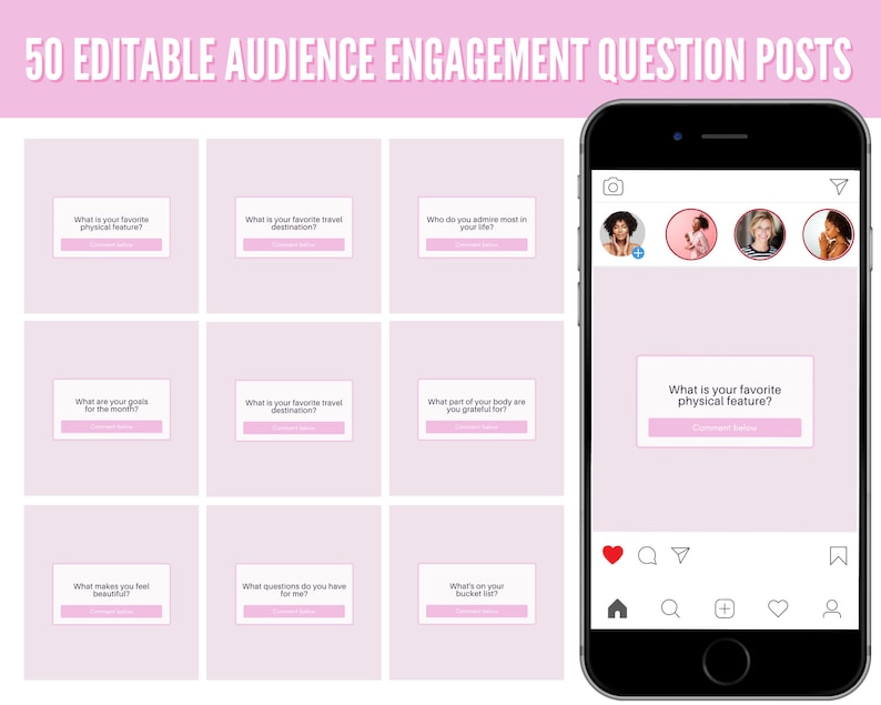 May include: A pink and white graphic with 50 editable audience engagement question posts for social media. The graphic features a phone screen with a question post that reads "What is your favorite physical feature?" and a comment button.