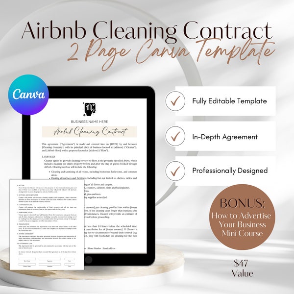 Airbnb Cleaning Contract Template, Printable Cleaning Contract Template, House Cleaning Contract