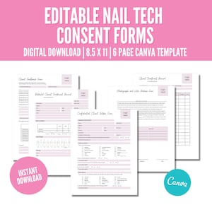 May include: Editable nail tech consent forms digital download. Six page Canva template. Includes client feedback form, detailed client treatment record, confidential client intake form, client treatment record, and photograph and video release form.