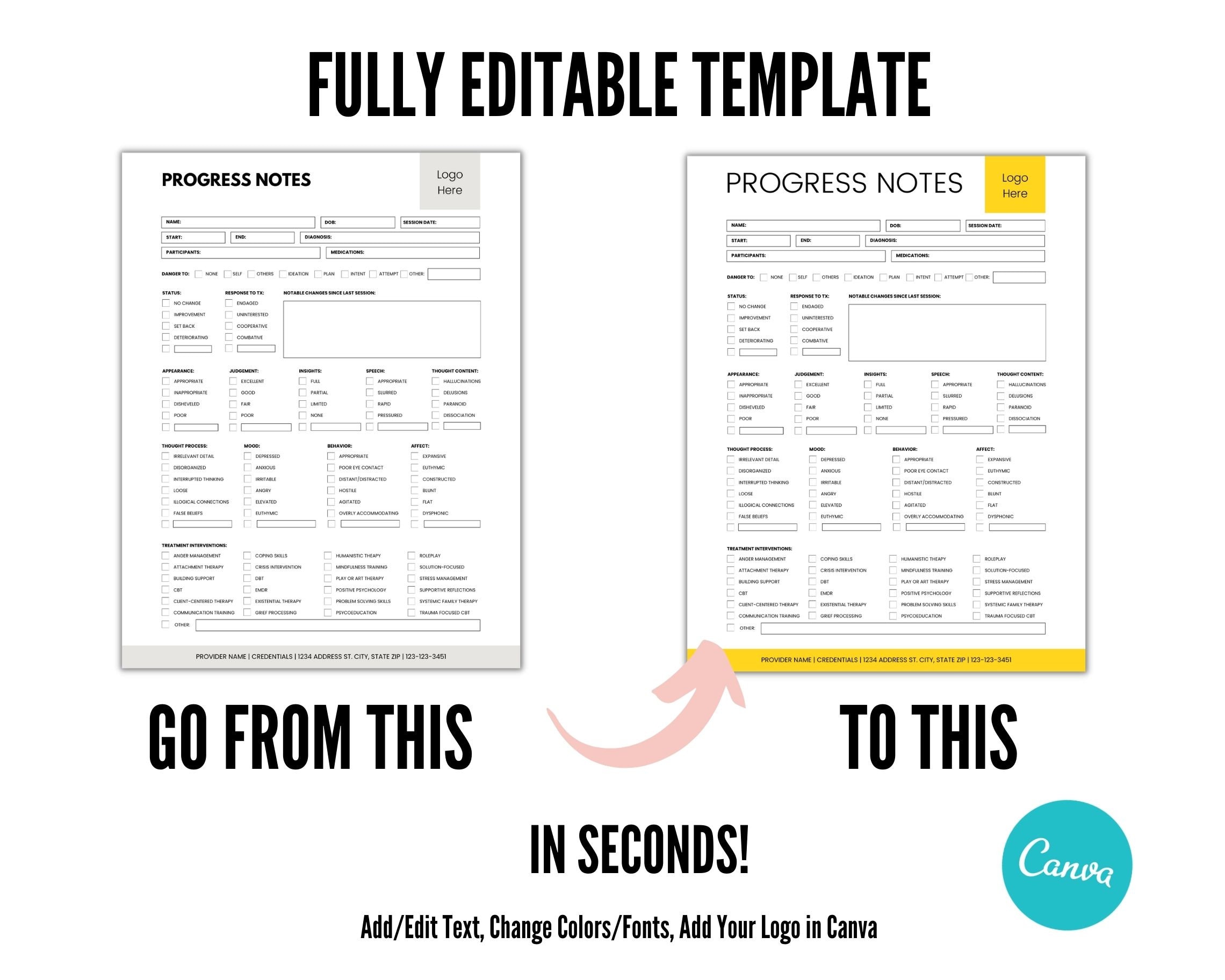 Editable Therapy Progress Notes Template, Mental Health Forms (canva ...