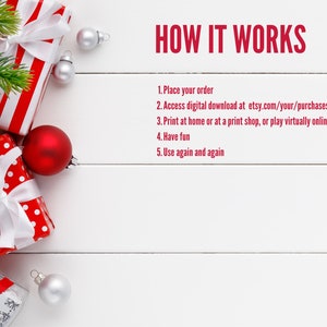 May include: A white wooden background with red and white striped gift boxes, red and white polka dot gift boxes, and red and silver Christmas ornaments. The text "HOW IT WORKS" is in red letters at the top of the image. The text below the title lists five steps for purchasing and using a digital download: 1. Place your order, 2. Access digital download at etsy.com/your/purchases, 3. Print at home or at a print shop, or play virtually online, 4. Have fun, 5. Use again and again.