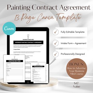 Pode incluir: Um modelo Canva para um contrato de pintura. O modelo inclui um contrato de pintura, um formulário de oferta e uma proposta de pintura. O modelo é totalmente editável e profissionalmente projetado. Também inclui um minicurso bônus sobre como anunciar seu negócio.
