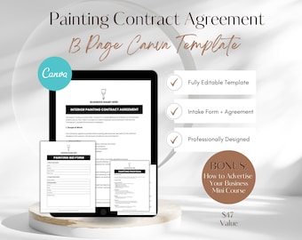 Könnte beinhalten: Eine Canva-Vorlage für einen Malervertrag. Die Vorlage enthält einen Vertragstext, ein Angebot und einen Malervorschlag. Die Vorlage ist vollständig editierbar und professionell gestaltet. Sie enthält außerdem einen Bonus-Minikurs zum Thema Werbung für Ihr Unternehmen.