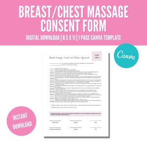 Breast Massage Consent Form, Editable Chest Massage Form, Therapist Business Form, Oncologist Massage Therapist