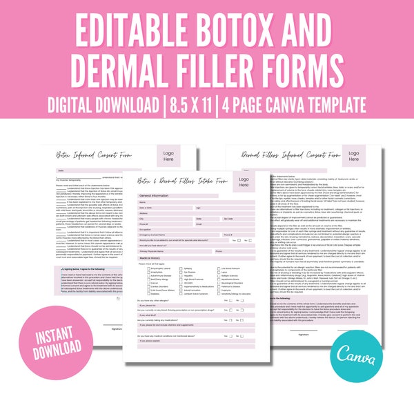 Dermal Filler Consent Forms, Botulinum Toxin Consent Form, Botox Consent Forms, Editable Esthetician Intake and Informed Consent Form