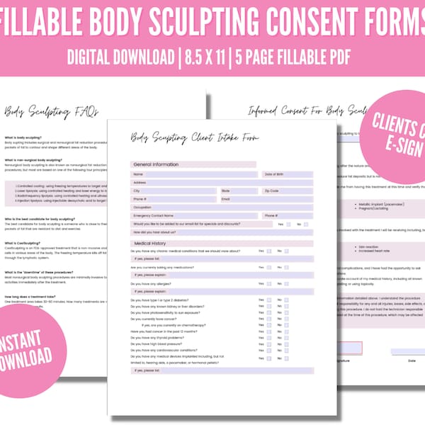 E-Sign Body Contouring Intake Form, Body Sculpting Consent Forms, Esthetician Intake Forms