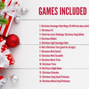 May include: A white wooden background with red and white wrapped gifts and red baubles. Text on the background reads "GAMES INCLUDED" and lists 14 Christmas games.