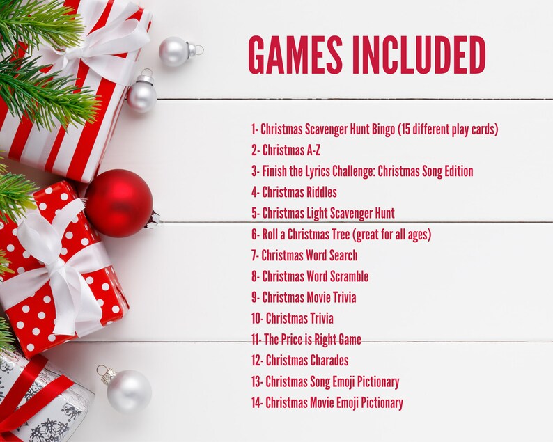 May include: A white wooden background with red and white wrapped gifts and red baubles. Text on the background reads "GAMES INCLUDED" and lists 14 Christmas games.