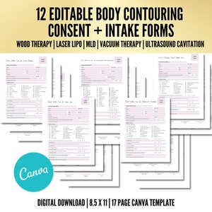 Lot de formulaires de consentement modifiables pour le remodelage du corps, sculpture du corps, laser lipo, cavitation des graisses, thérapie par le bois, thérapie par le vide, MLD