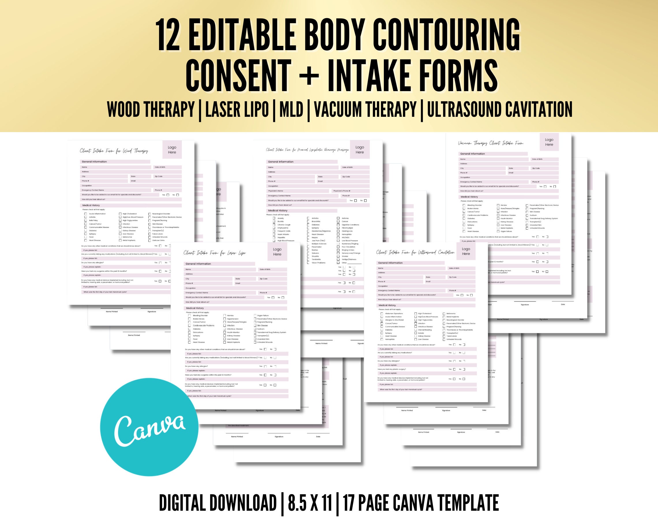 Pacote de formulários de consentimento para contorno corporal: terapia de madeira, lipolaser (modelo do Canva)