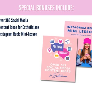 May include: Two pink and blue graphic designs for social media content ideas for estheticians. One design features a pink background with a blue speech bubble that says "FOLLOW" and another blue speech bubble that says "MESSAGE". The other design features a woman in a pink hat and blue jacket looking at her phone. The text "INSTAGRAM REELS MINI LESSON" is at the top of the design.