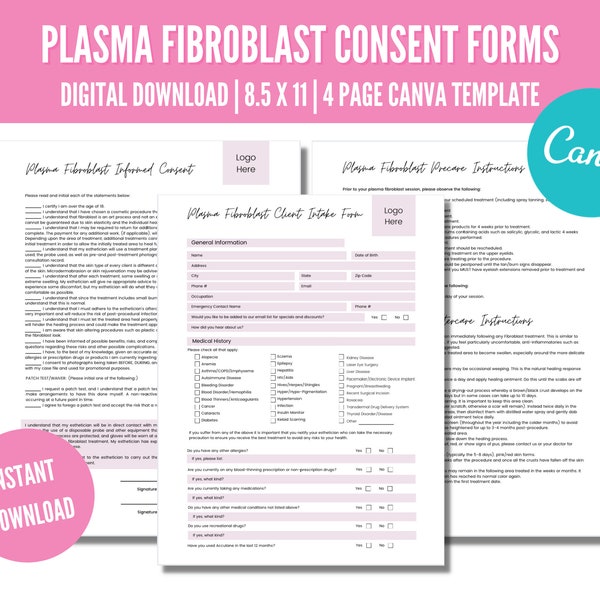 Fibroblast Consent Form, Plasma Fibroblast Consent Form, Esthetician Forms