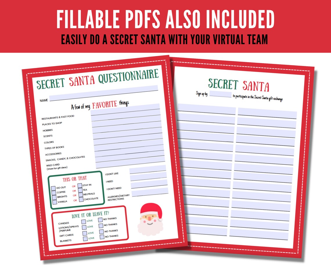 Secret Santa Questionnaire Printable Virtual Gift Exchange Etsy