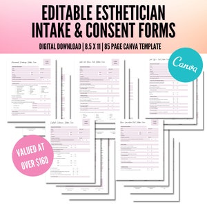 Op de afbeelding: Een set van 85 afdrukbare, bewerkbare intake- en toestemmingsformulieren voor schoonheidsspecialisten. De formulieren zijn ontworpen voor gebruik met Canva en zijn meer dan € 160 waard. De formulieren zijn in een digitaal downloadformaat en zijn 8,5 x 11 inch.