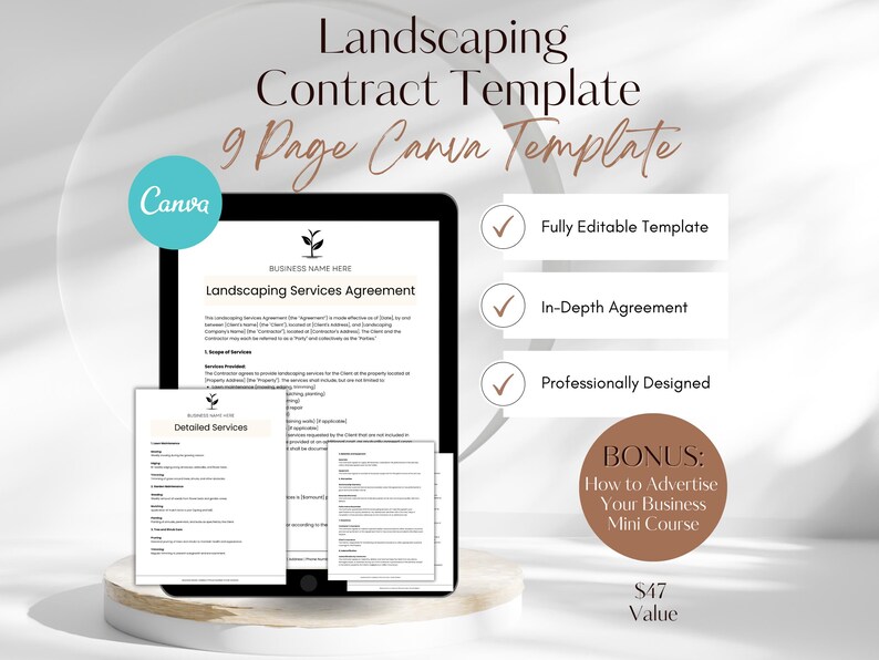 Op de afbeelding: Een digitale mockup van een landschapscontracttemplate op een tabletscherm. De sjabloon heeft de titel "Landscaping Services Agreement" en bevat een sectie voor "Detailed Services". De afbeelding bevat ook een vinkje-icoon en de tekst "Volledig bewerkbare sjabloon", "Uitgebreide overeenkomst" en "Professioneel ontworpen".