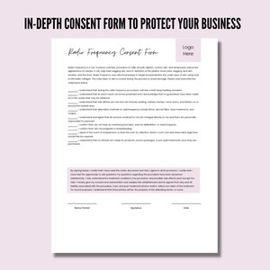 May include: A black and white consent form for radio frequency treatments. The form includes a title, "In-Depth Consent Form to Protect Your Business", and a section titled "Radio Frequency Consent Form".