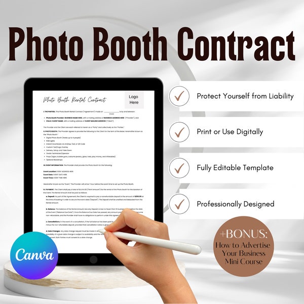 Photo Booth Contract, Editable Photo Booth Rental Contract, Photo Booth Rental Agreement, Photo Booth Contract Template, Lease Agreement