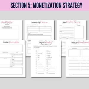 May include: A collection of white paper templates with pink and black text, designed for business planning. Titles include "Monetization," "Generating Revenue," "New Product Planner," "Product Description," "Digital Product," and "Product Development."