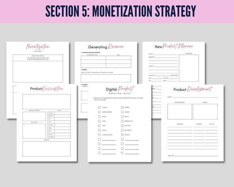 May include: A collection of white paper templates with pink and black text, designed for business planning. Titles include "Monetization," "Generating Revenue," "New Product Planner," "Product Description," "Digital Product," and "Product Development."