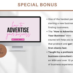 Op de afbeelding: Een computerscherm waarop een roze en zwarte afbeelding staat met de tekst "how to ADVERTISE your business" en daaronder de tekst "$47 Value". De tekst aan de rechterkant van de afbeelding luidt "SPECIAL BONUS" en somt de voordelen op van een minicursus over het adverteren van uw bedrijf.