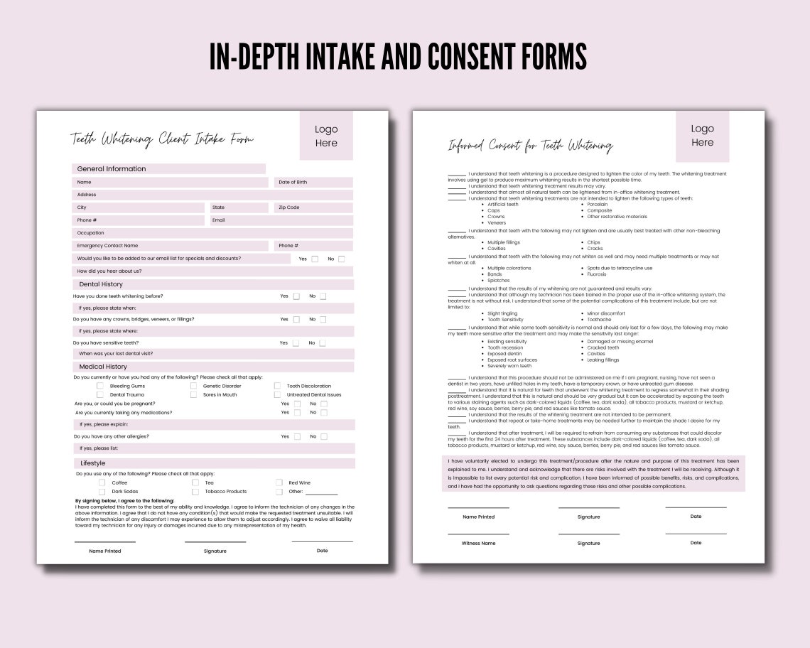 Editable Teeth Whitening Consent Forms Consent Form Template Etsy