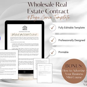 Puede incluir: Una maqueta digital de una plantilla Canva de 4 páginas para un contrato de venta al por mayor de bienes raíces. La plantilla es totalmente editable, diseñada profesionalmente e imprimible. La imagen también incluye un minicurso de bonificación titulado "Cómo anunciar su negocio".