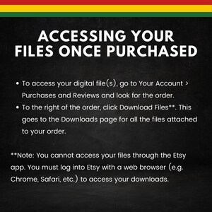Może przedstawiać: Czarno-biały tekst na czarnym tle z czerwono-ż&oacute;łto-zielonym paskiem u g&oacute;ry. Tekst brzmi "ACCESSING YOUR FILES ONCE PURCHASED". Tekst poniżej wyjaśnia, jak uzyskać dostęp do plik&oacute;w cyfrowych zakupionych na Etsy.