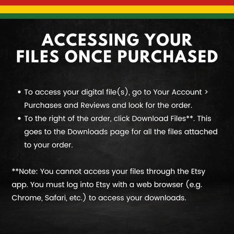Może przedstawiać: Czarno-biały tekst na czarnym tle z czerwono-ż&oacute;łto-zielonym paskiem u g&oacute;ry. Tekst brzmi "ACCESSING YOUR FILES ONCE PURCHASED". Tekst poniżej wyjaśnia, jak uzyskać dostęp do plik&oacute;w cyfrowych zakupionych na Etsy.