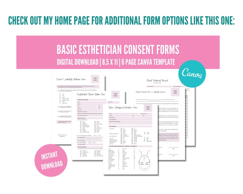 K&ouml;nnte beinhalten: Ein digitaler Download von grundlegenden Einverst&auml;ndniserkl&auml;rungen f&uuml;r Kosmetikerinnen. Die Formulare sind im A4-Format und enthalten eine 6-seitige Canva-Vorlage. Das Bild enth&auml;lt den Text "Basic Esthetician Consent Forms" und "Instant Download".