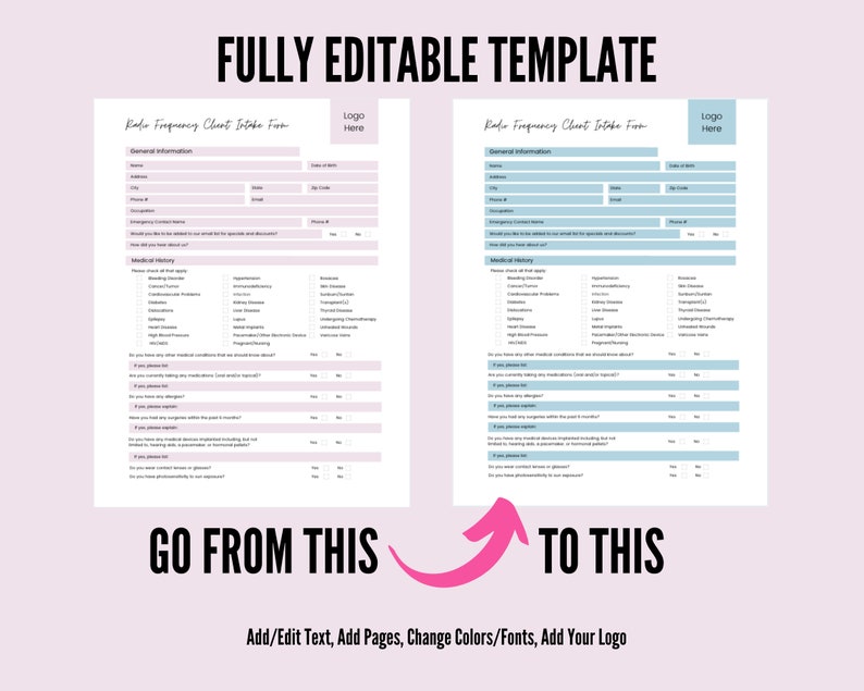 May include: A pink and blue editable template for a radio frequency client intake form. The template includes sections for general information, medical history, and lifestyle questions. The text "Go from this to this" is displayed with an arrow pointing from the pink form to the blue form. The text "Add/Edit Text, Add Pages, Change Colors/Fonts, Add Your Logo" is displayed below the arrow.