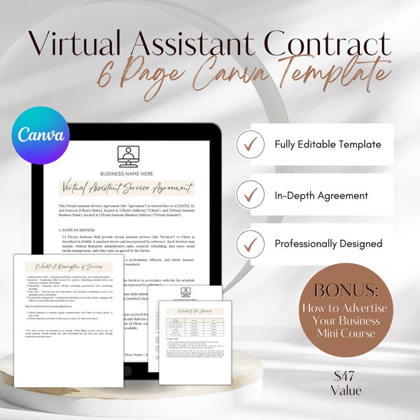 Virtual Assistant Contract Template, Virtual Assistant Service Agreement, Freelance Contract, Personal Assistant Agreement, VA Contract