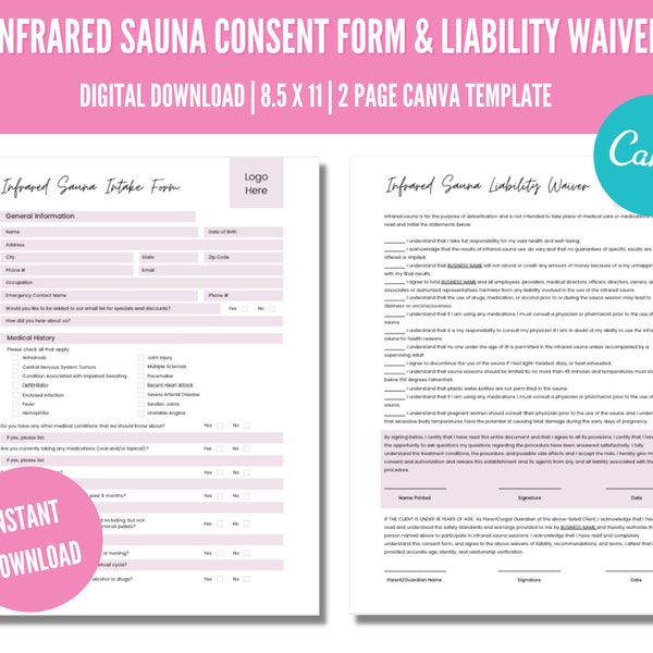 Editable Infrared Sauna Consent Form, Detox Sauna Intake Form, Esthetician Business, New Client Form Spa