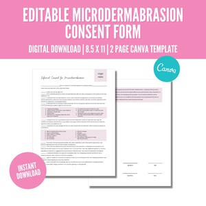 K&ouml;nnte beinhalten: Eine digitale Vorlage f&uuml;r ein Einverst&auml;ndnisformular f&uuml;r Microdermabrasion. Das Formular ist 21,6 x 27,9 cm gro&szlig; und eine 2-seitige Canva-Vorlage. Der Text "Editable Microdermabrasion Consent Form" steht oben. Die Worte "Instant Download" stehen in einem rosa Kreis.