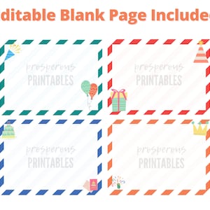 May include: Four printable cards with a white background and colorful borders. Each card has a different birthday-themed illustration and the text "prosperous PRINTABLES".