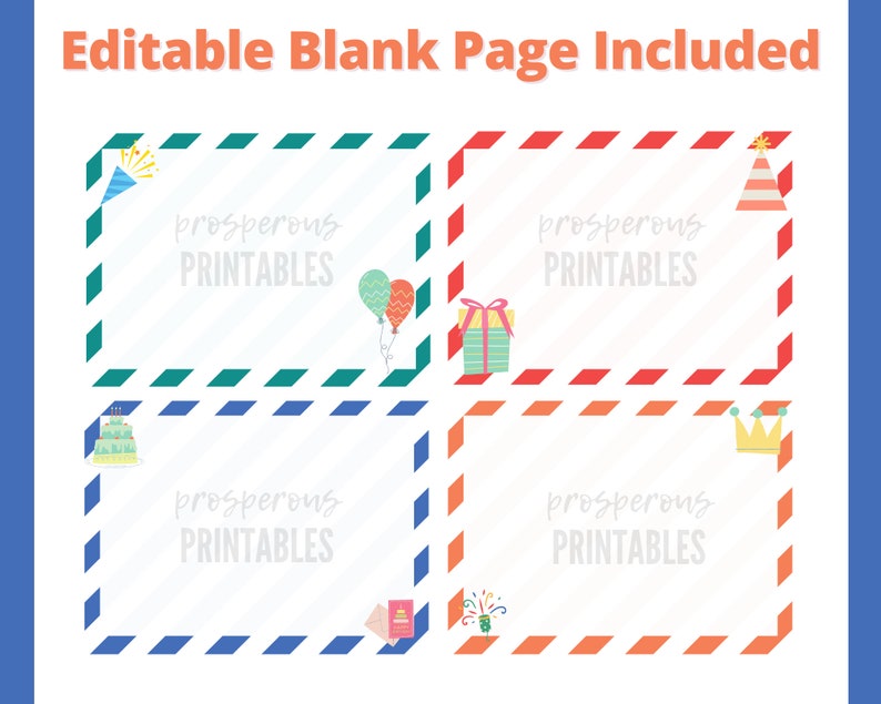 May include: Four printable cards with a white background and colorful borders. Each card has a different birthday-themed illustration and the text "prosperous PRINTABLES".