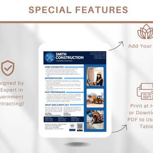 K&ouml;nnte beinhalten: Ein wei&szlig;es Blatt Papier mit einer blauen Kopfzeile, auf der "SMITH CONSTRUCTION Capability Statement" steht. Das Papier ist in Abschnitte mit &Uuml;berschriften wie "Kernkompetenzen", "Differenzierer", "Vergangene Leistung" und "Was unsere Kunden sagen" unterteilt. Es gibt ein Foto einer Frau mit einem Helm und ein Foto eines Baufahrzeugs. Der Text "Entworfen von einem Experten f&uuml;r &ouml;ffentliche Auftr&auml;ge!" befindet sich in einem gr&uuml;nen H&auml;kchen-Symbol. Der Text "F&uuml;gen Sie Ihr Logo hinzu" befindet sich neben einem Lotusbl&uuml;ten-Symbol. Der Text "Zu Hause drucken oder ein PDF herunterladen, um es auf einem Tablet zu verwenden" befindet sich neben einem Druckersymbol.
