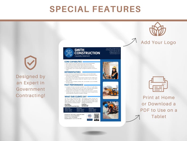 K&ouml;nnte beinhalten: Ein wei&szlig;es Blatt Papier mit einer blauen Kopfzeile, auf der "SMITH CONSTRUCTION Capability Statement" steht. Das Papier ist in Abschnitte mit &Uuml;berschriften wie "Kernkompetenzen", "Differenzierer", "Vergangene Leistung" und "Was unsere Kunden sagen" unterteilt. Es gibt ein Foto einer Frau mit einem Helm und ein Foto eines Baufahrzeugs. Der Text "Entworfen von einem Experten f&uuml;r &ouml;ffentliche Auftr&auml;ge!" befindet sich in einem gr&uuml;nen H&auml;kchen-Symbol. Der Text "F&uuml;gen Sie Ihr Logo hinzu" befindet sich neben einem Lotusbl&uuml;ten-Symbol. Der Text "Zu Hause drucken oder ein PDF herunterladen, um es auf einem Tablet zu verwenden" befindet sich neben einem Druckersymbol.