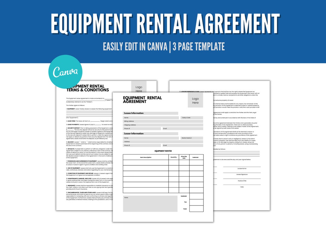 Item Rental Form Equipment Rental Agreement Template: Editable Business Form (canva) - Etsy