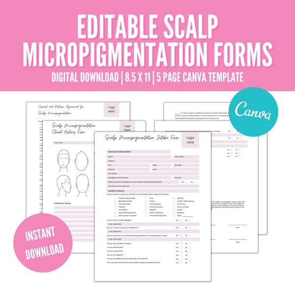 Scalp Micropigmentation Consent Form Template, Editable Scalp Micropigmentation Intake Form, PMU Consent Form, PMU Form Canva